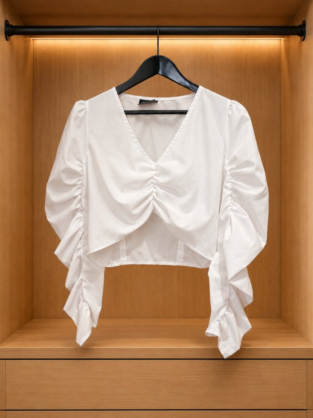 Reclaimed Vintage Crop Top with Ruched Front and Puff Sleeve